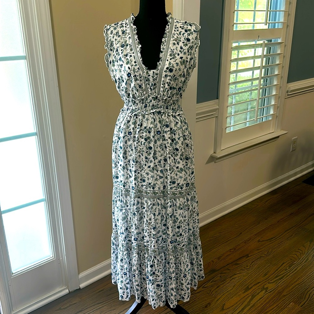 EUC white w/green &blue floral maxi dress